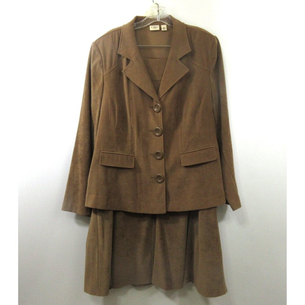 Cato Womans 2-Piece Suit Blazer & Skirt Faux Suede Brown Faux Pockets Career